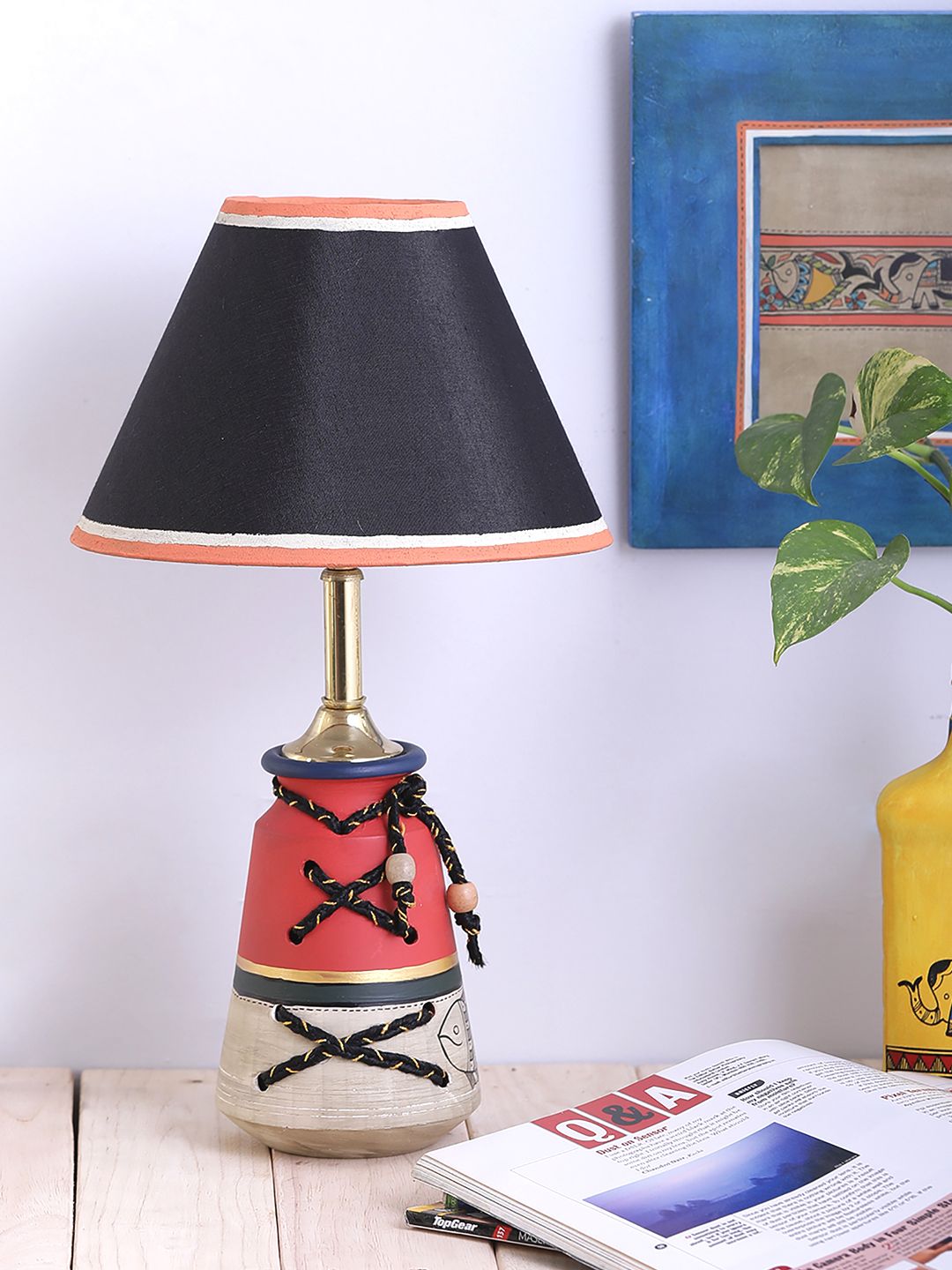 VarEesha Black & Orange Handpainted Terracotta Bedside Standard Table Lamp with Shade Price in India