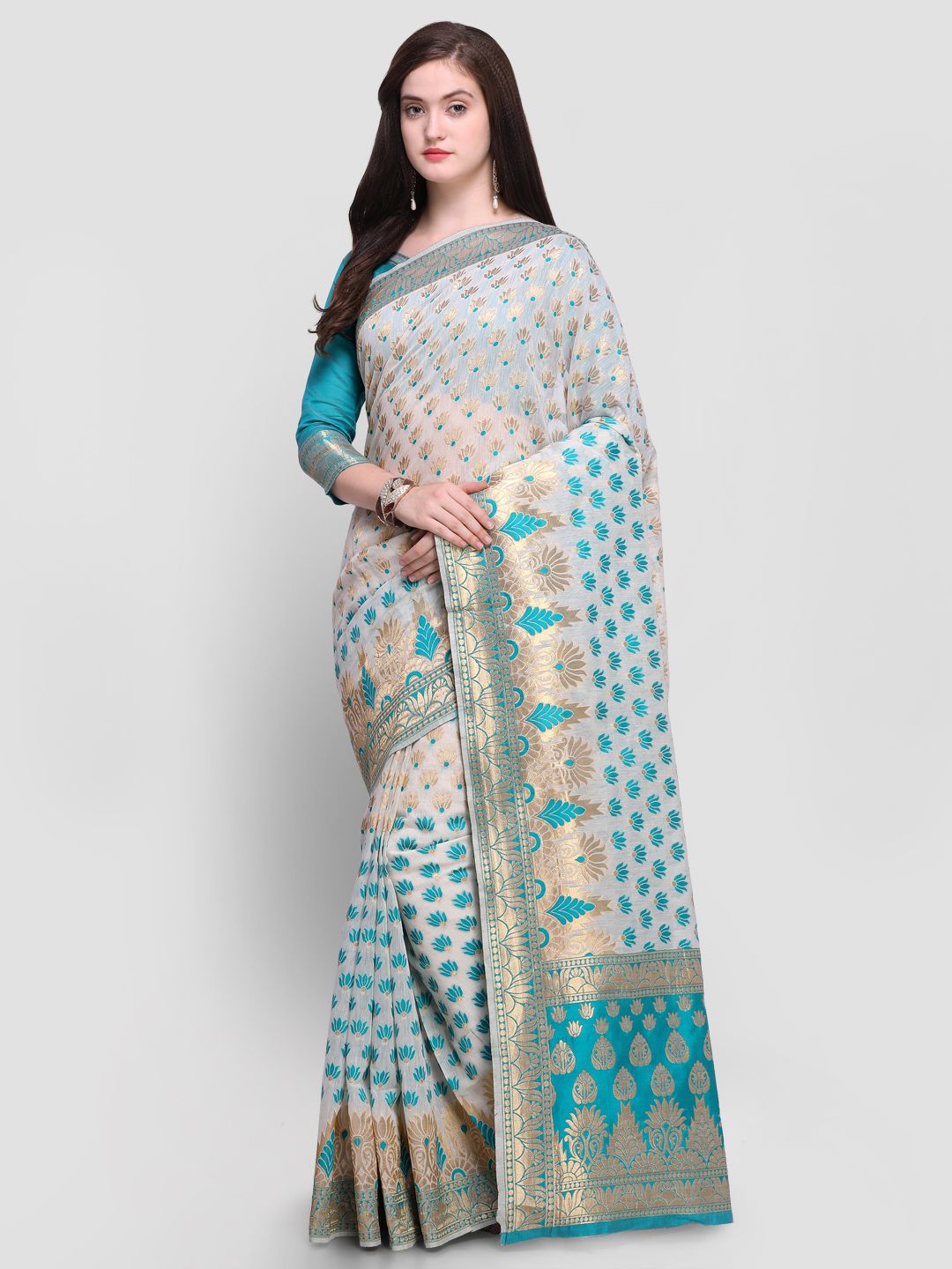 Shaily Off-White & Turquoise Blue Pure Silk Woven Design Kanjeevaram Saree