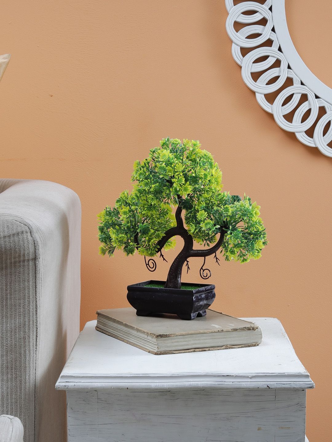 Foliyaj S Shaped Bonsai Tree With Green and Yellow Flowers in Brown Pot Price in India