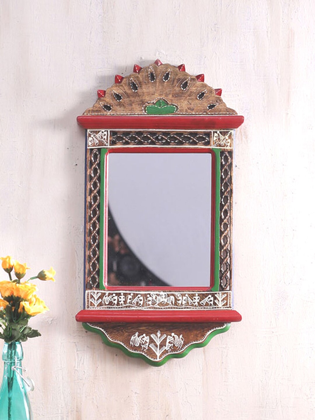 VarEesha Brown Wooden Framed Hand-Painted Wall Mirror Price in India