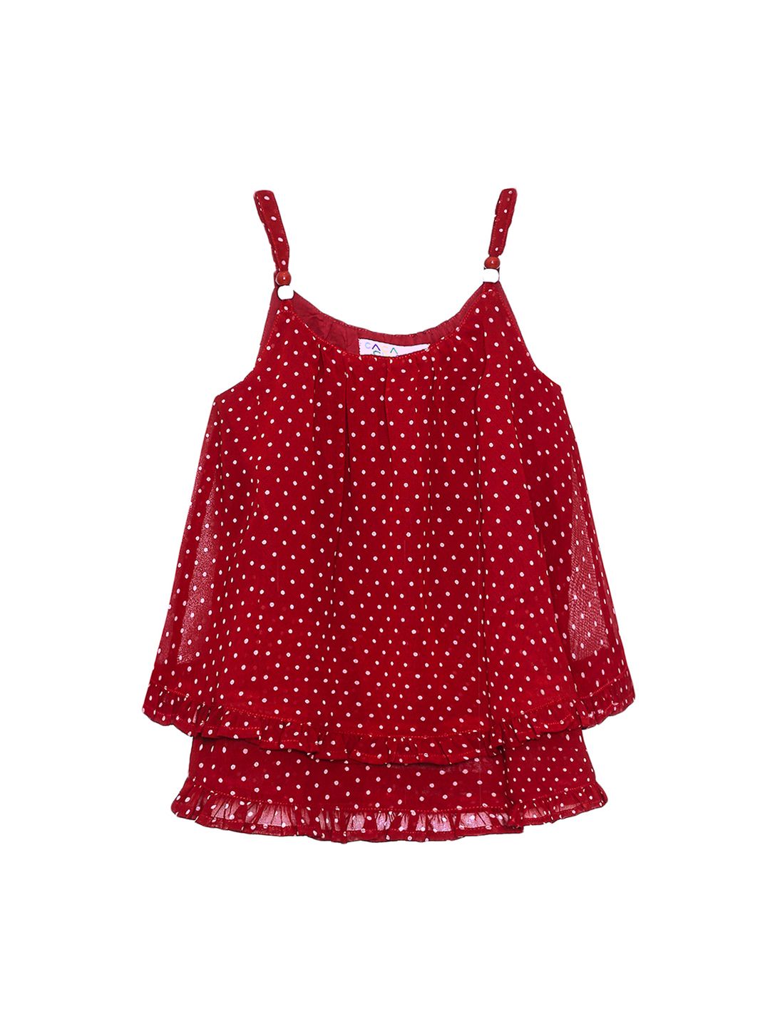 CACA CINA Girls Red Georgette Polka Dot Top