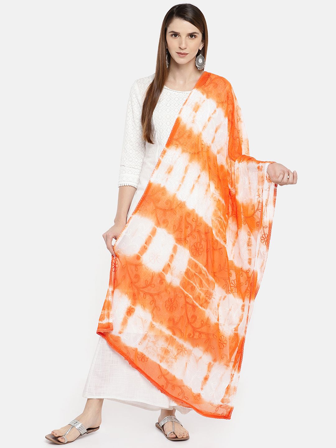 Dupatta Bazaar Orange & White Embroidered Dupatta Price in India