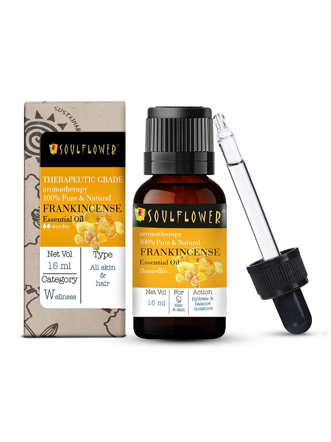 Soulflower Frankincense Essential Oil - Face & Body Tranquility & Healthy Skin - 15 ml