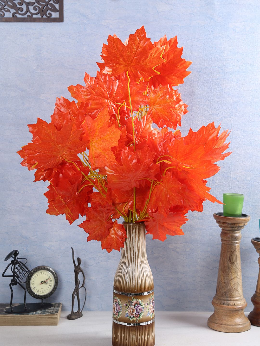 Fourwalls Set of 8 Orange Artificial Maple Toned Leaves Plants Stem without Pot Price in India