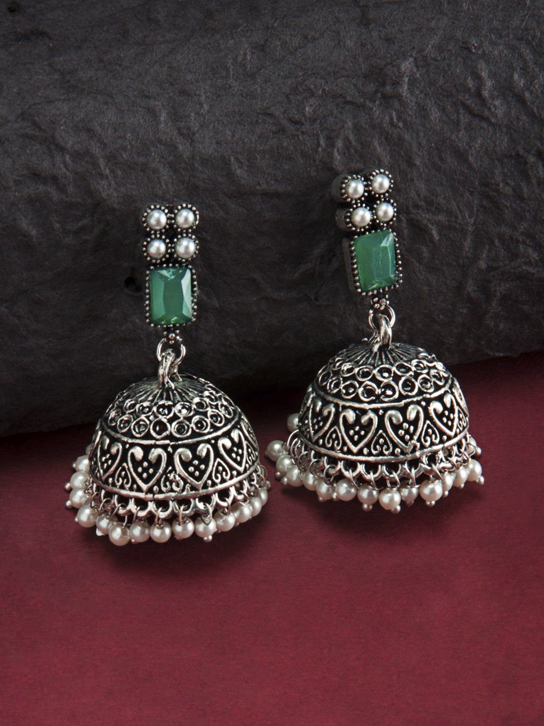 Rubans Silver-Toned & Green Dome Shaped Handcrafted  Jhumkas Price in India