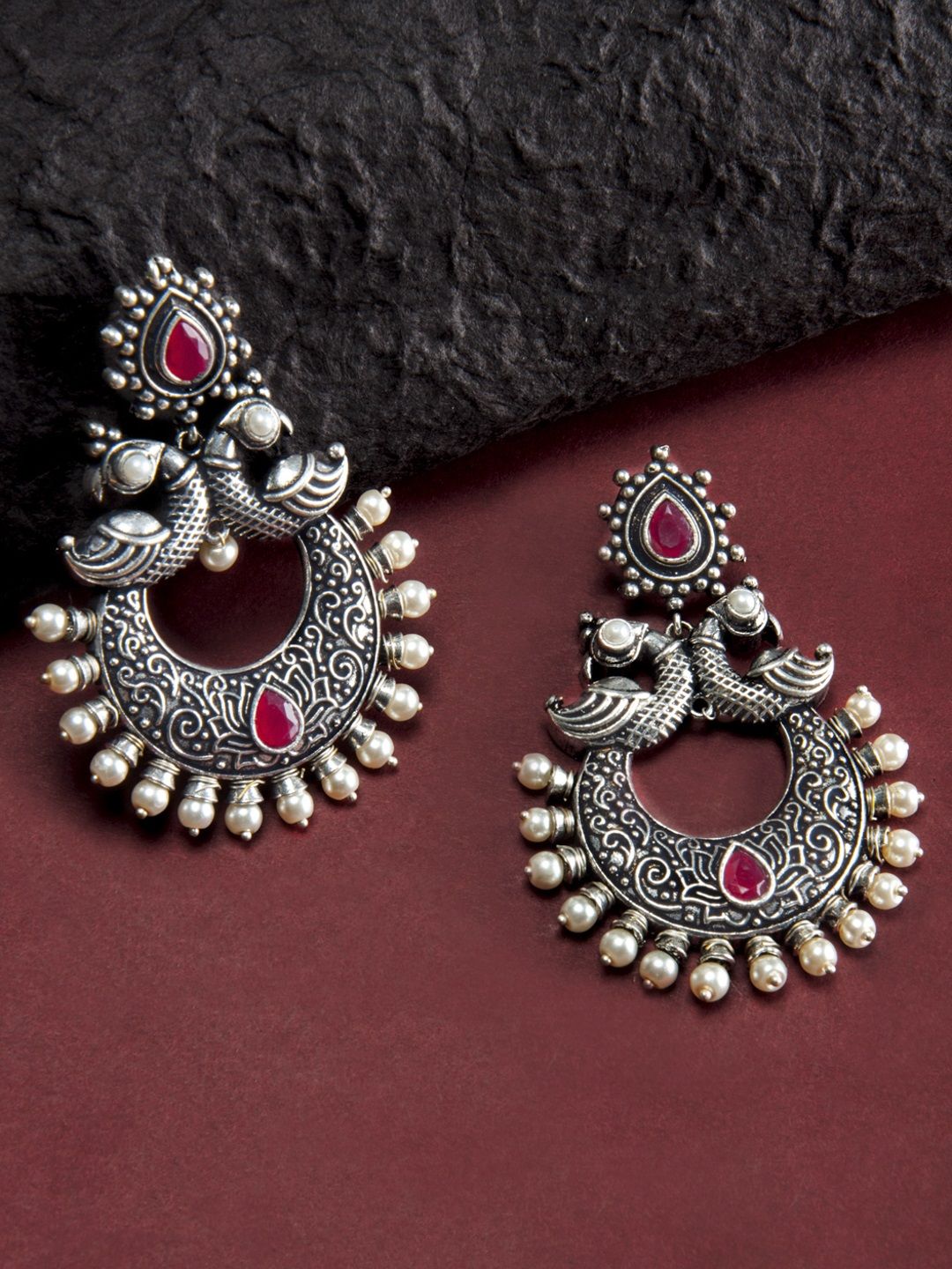 Rubans Silver-Toned & Red Classic Chandbalis Price in India