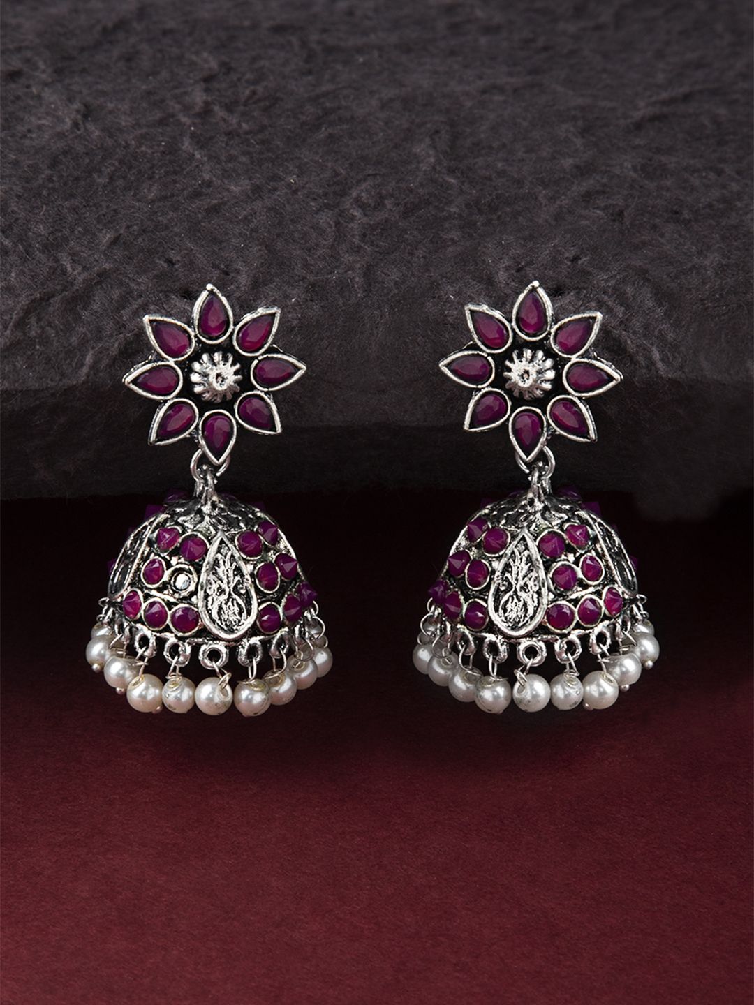 Rubans Silver-Toned & Red Classic Jhumkas Price in India