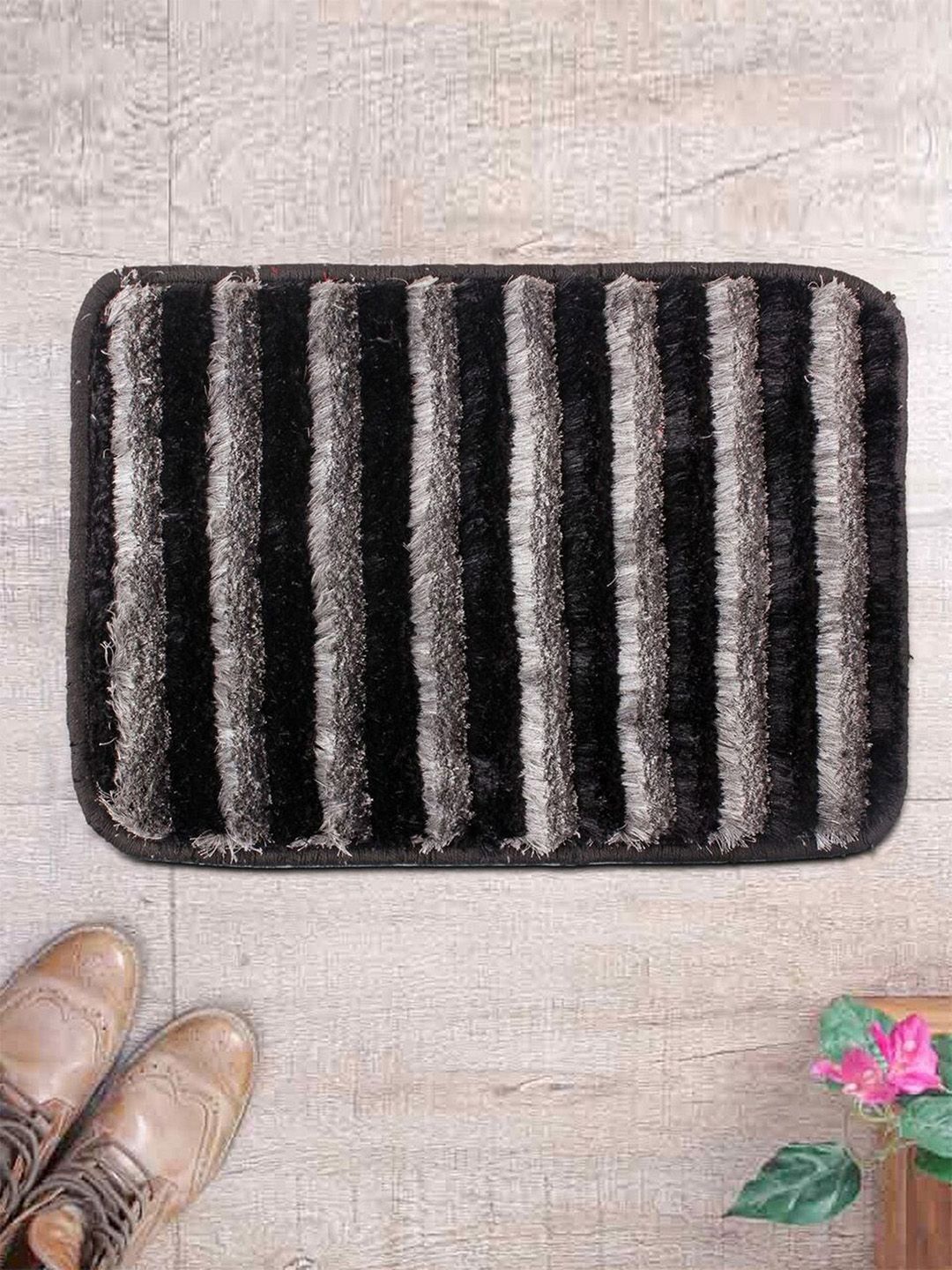 ROMEE Black & Silver Polyester Shaggy Doormat Price in India
