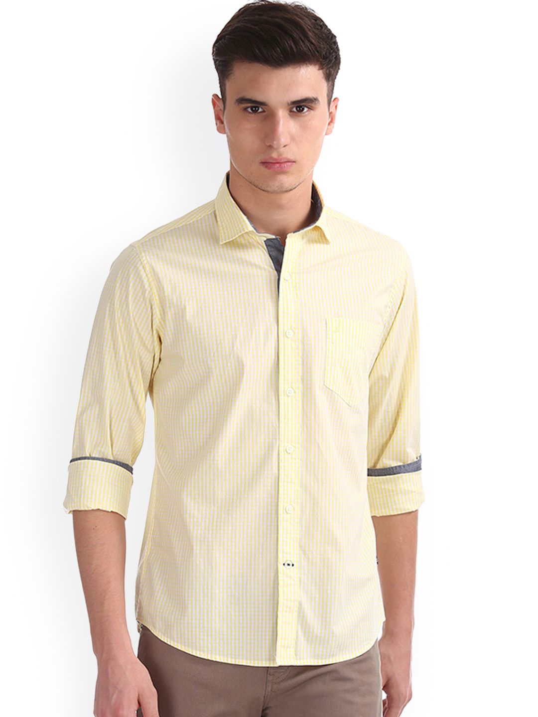 Nautica Men Yellow & White Slim Fit Checked Casual Shirt