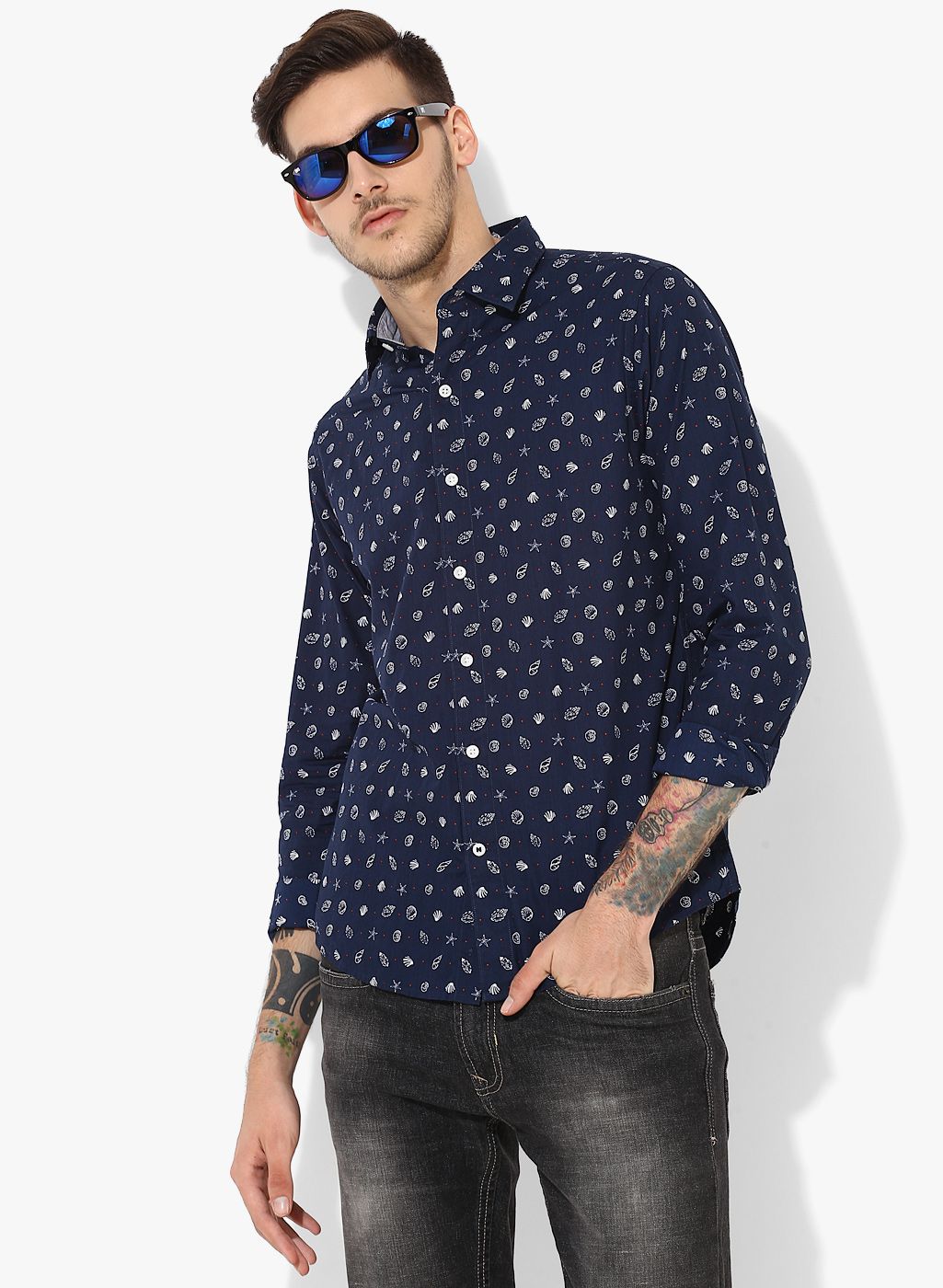 Nautica Navy Blue Printed Slim Fit Casual Shirt