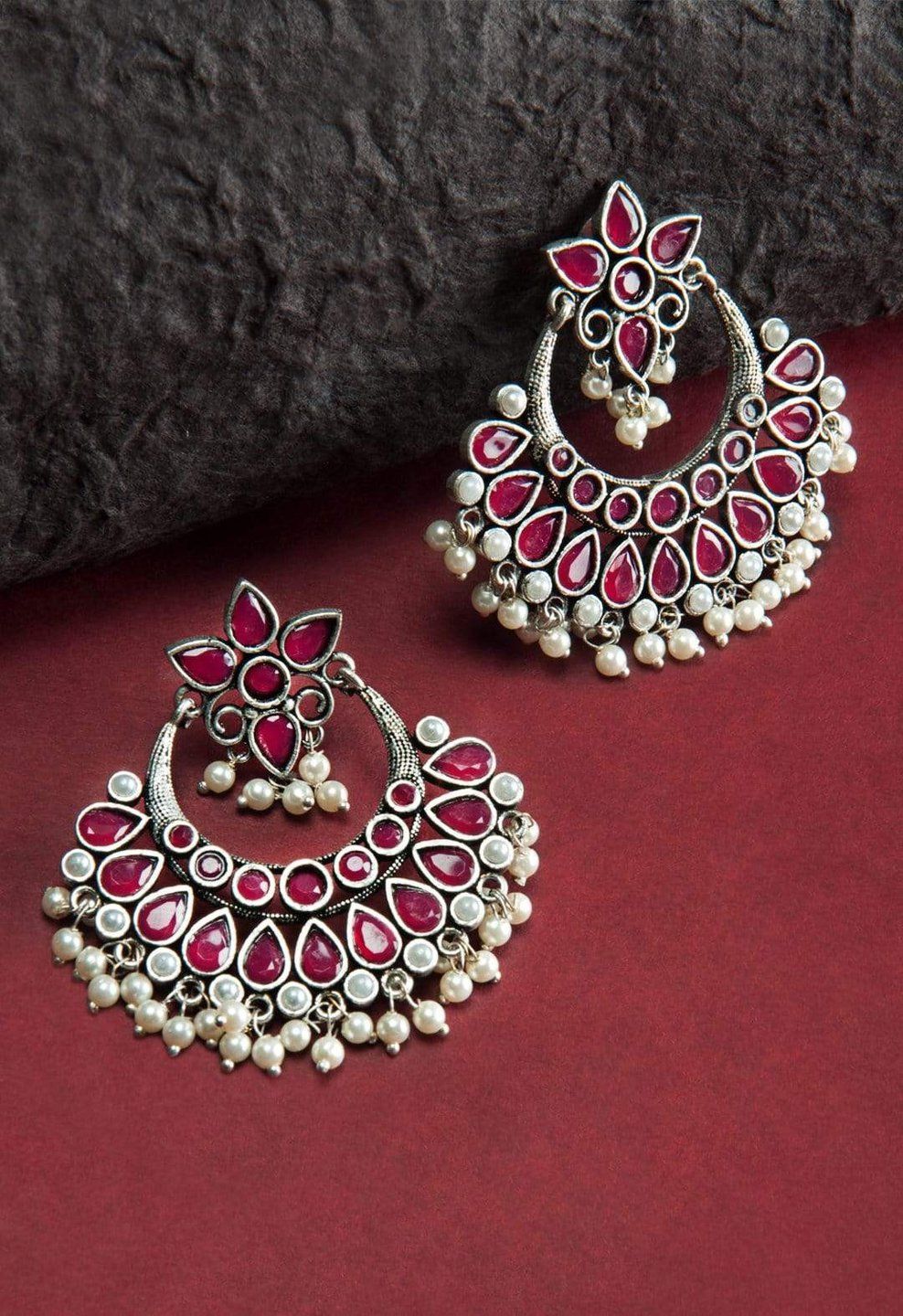 Rubans Oxidised Silver-Toned & Red Handcrafted Crescent Shaped Chandbalis Price in India