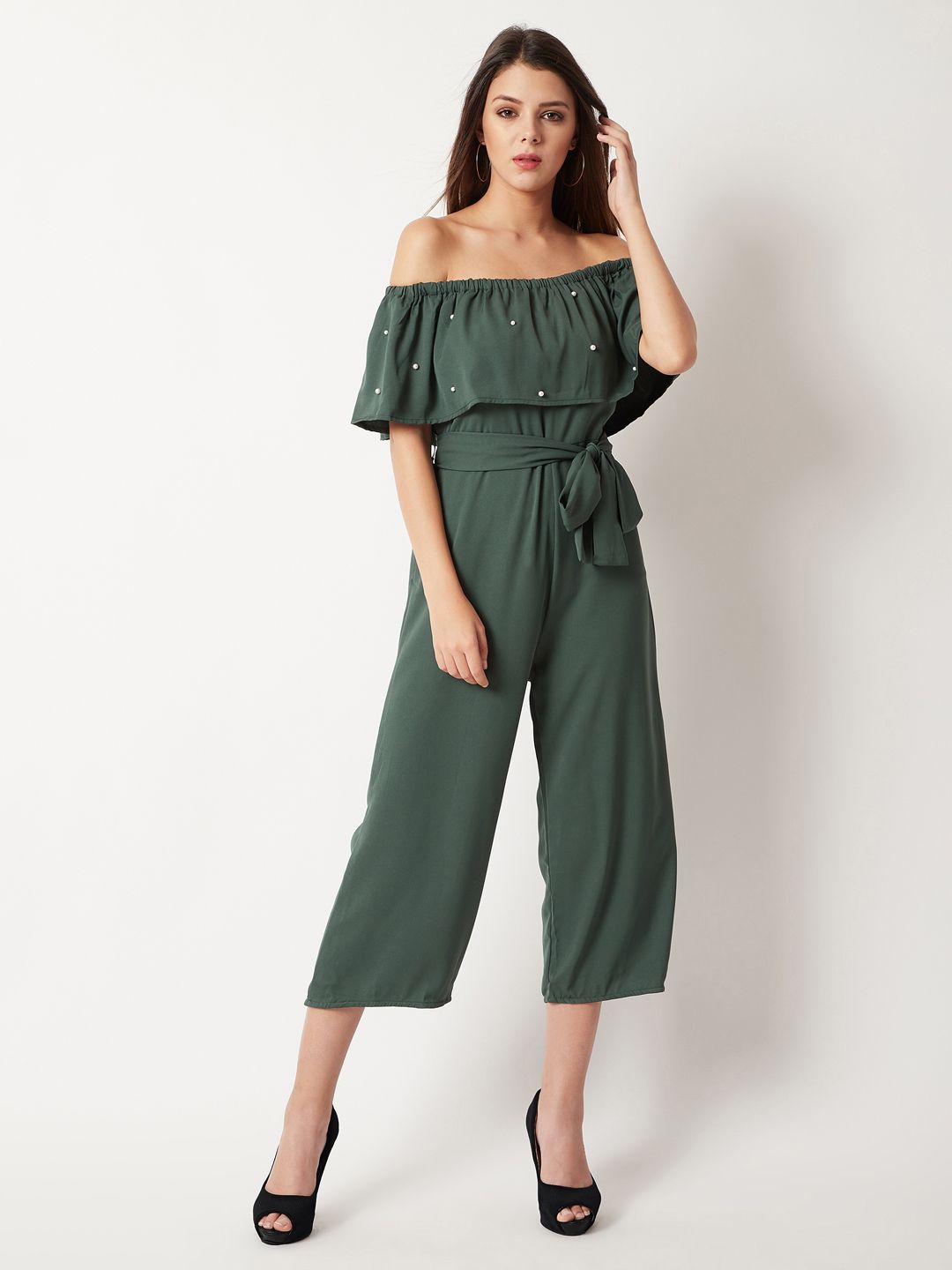 Miss Chase Green Solid Culotte Jumpsuit Price in India