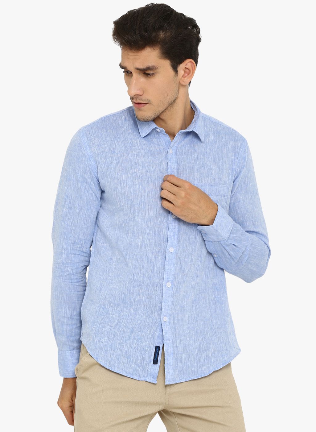 Linen Club Blue Self Design Slim Fit Casual Shirt