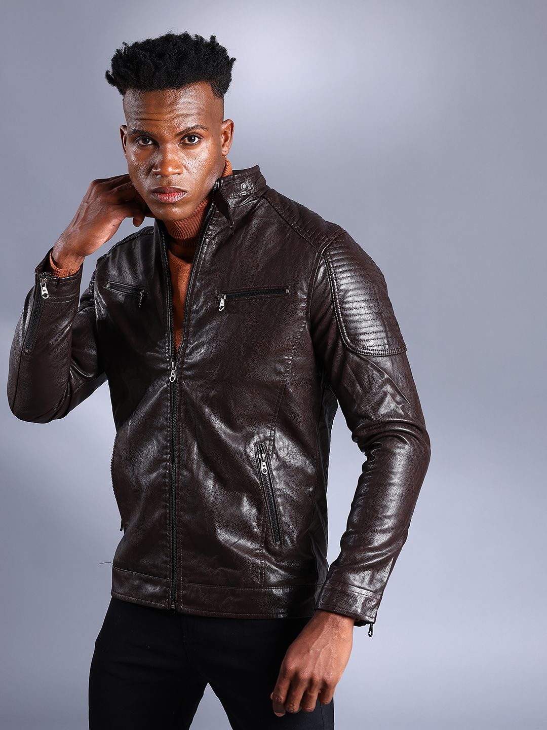 The Indian Garage Co Men Brown Solid Biker Jacket