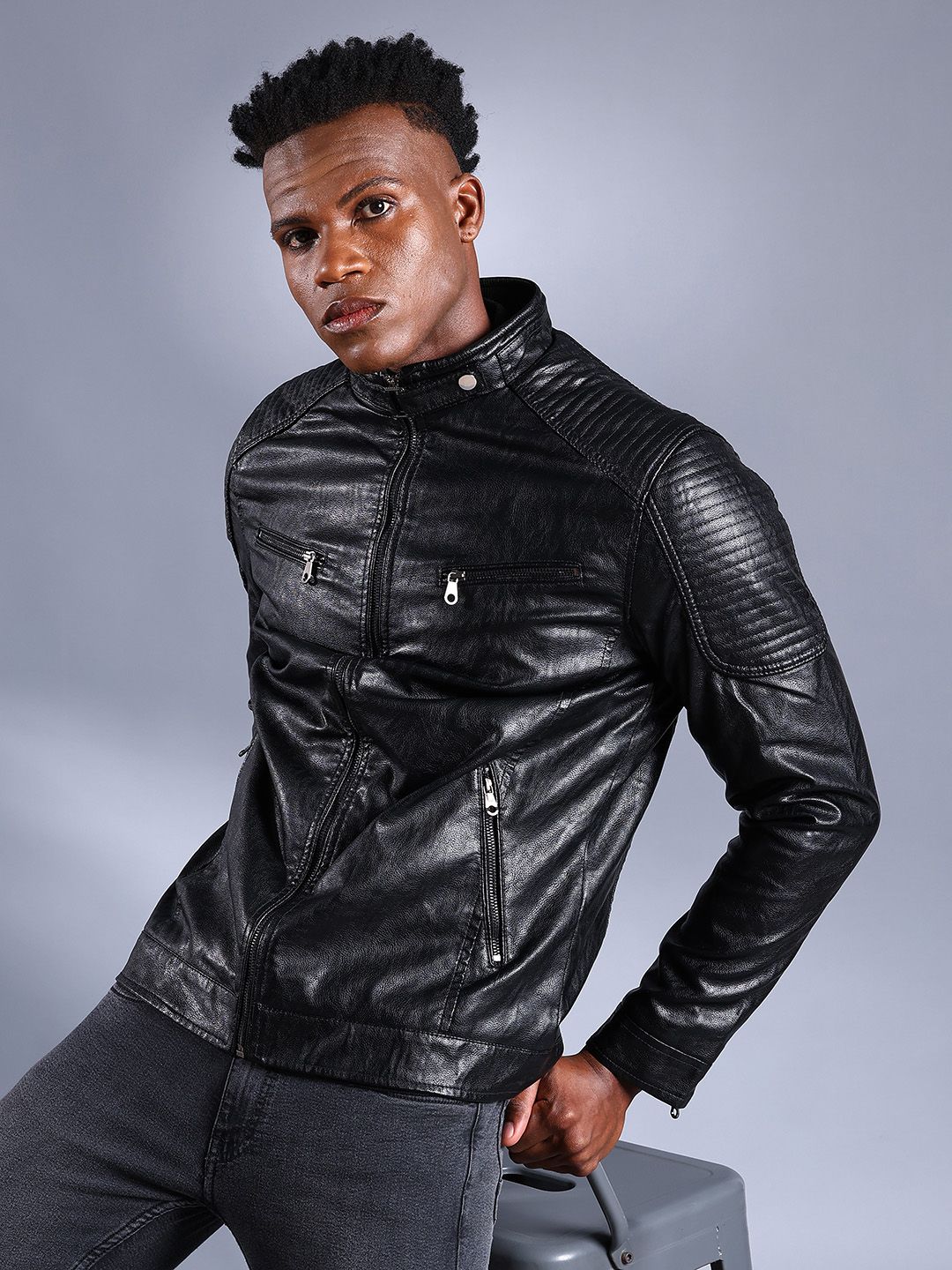 The Indian Garage Co Men Black Solid Biker Jacket