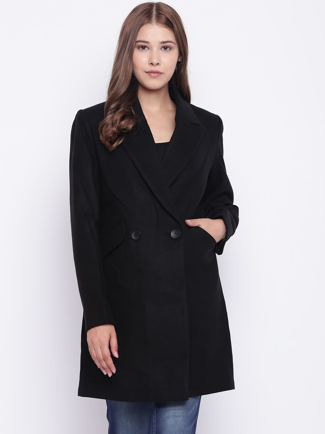 Buy Madame Women Black Solid Over Coat - Coats for Women 7272421