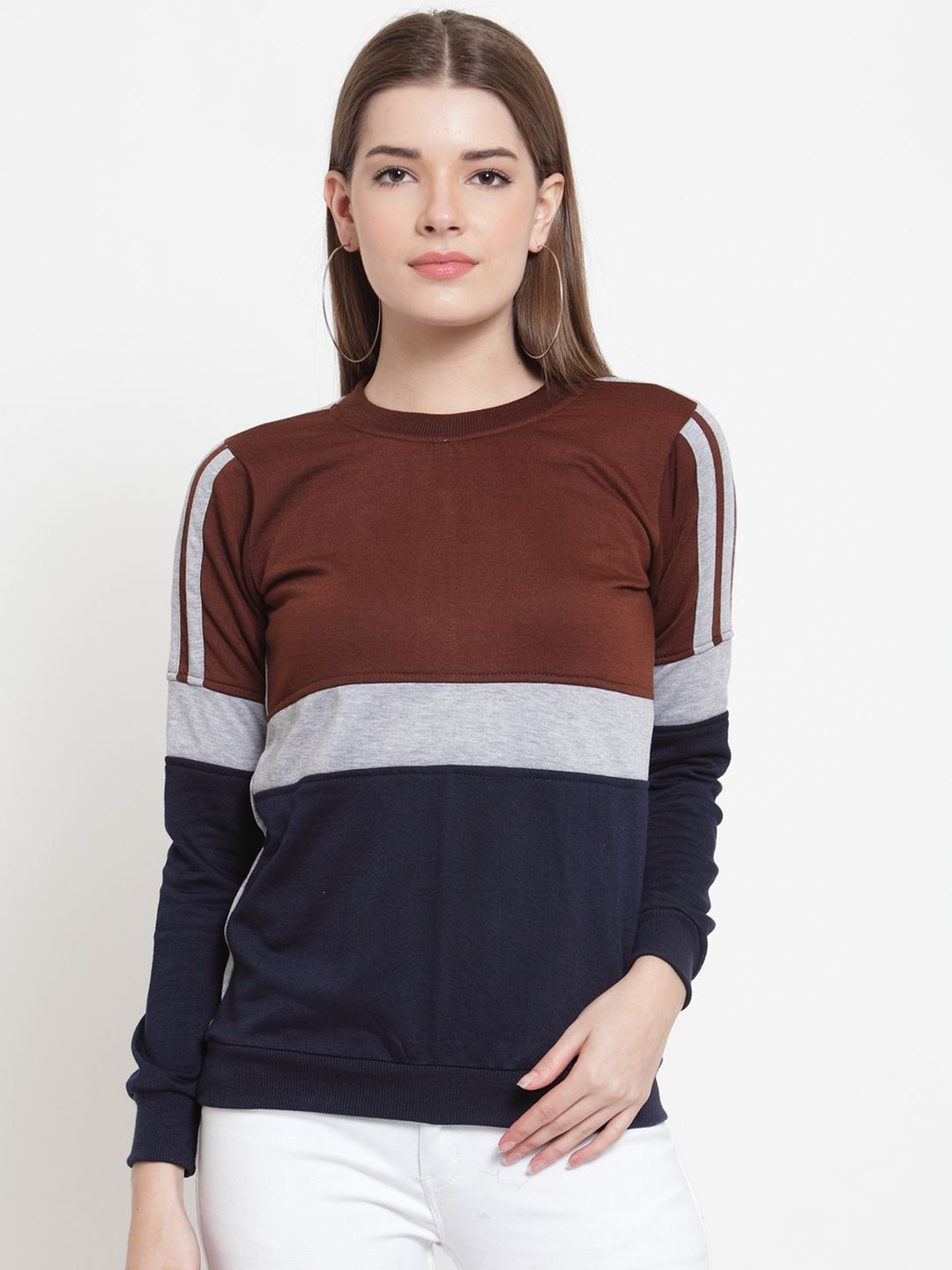 Belle Fille Women Brown & Navy Blue Colourblocked Sweatshirt Price in India