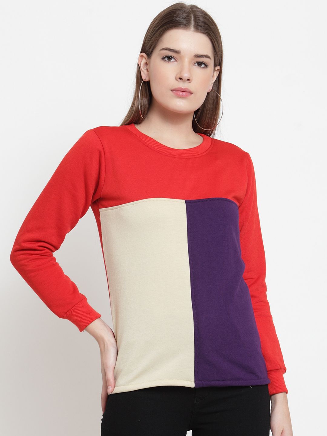 Belle Fille Women Red & Purple Colourblocked Sweatshirt Price in India