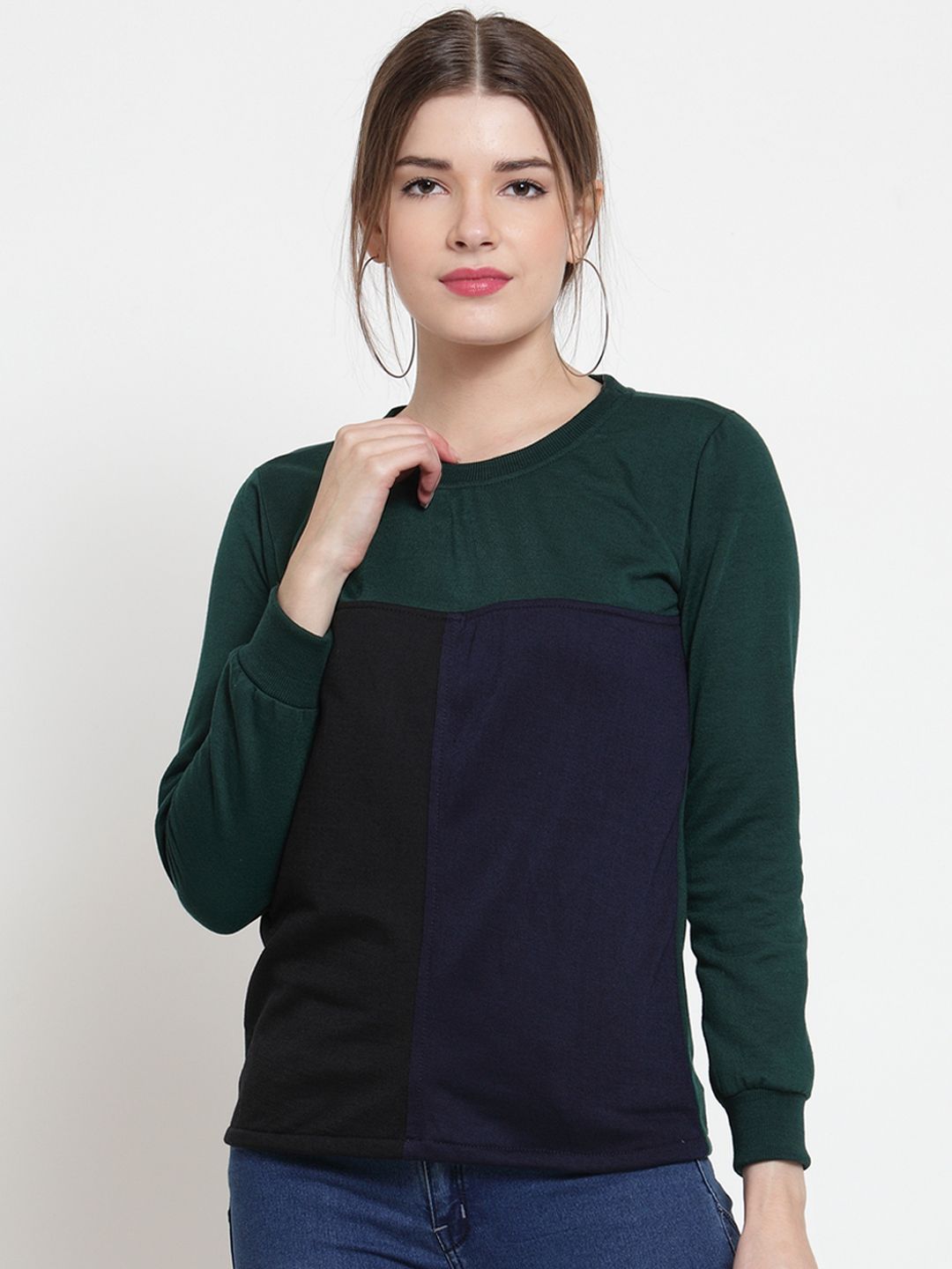 Belle Fille Women Green Colourblocked Sweatshirt Price in India