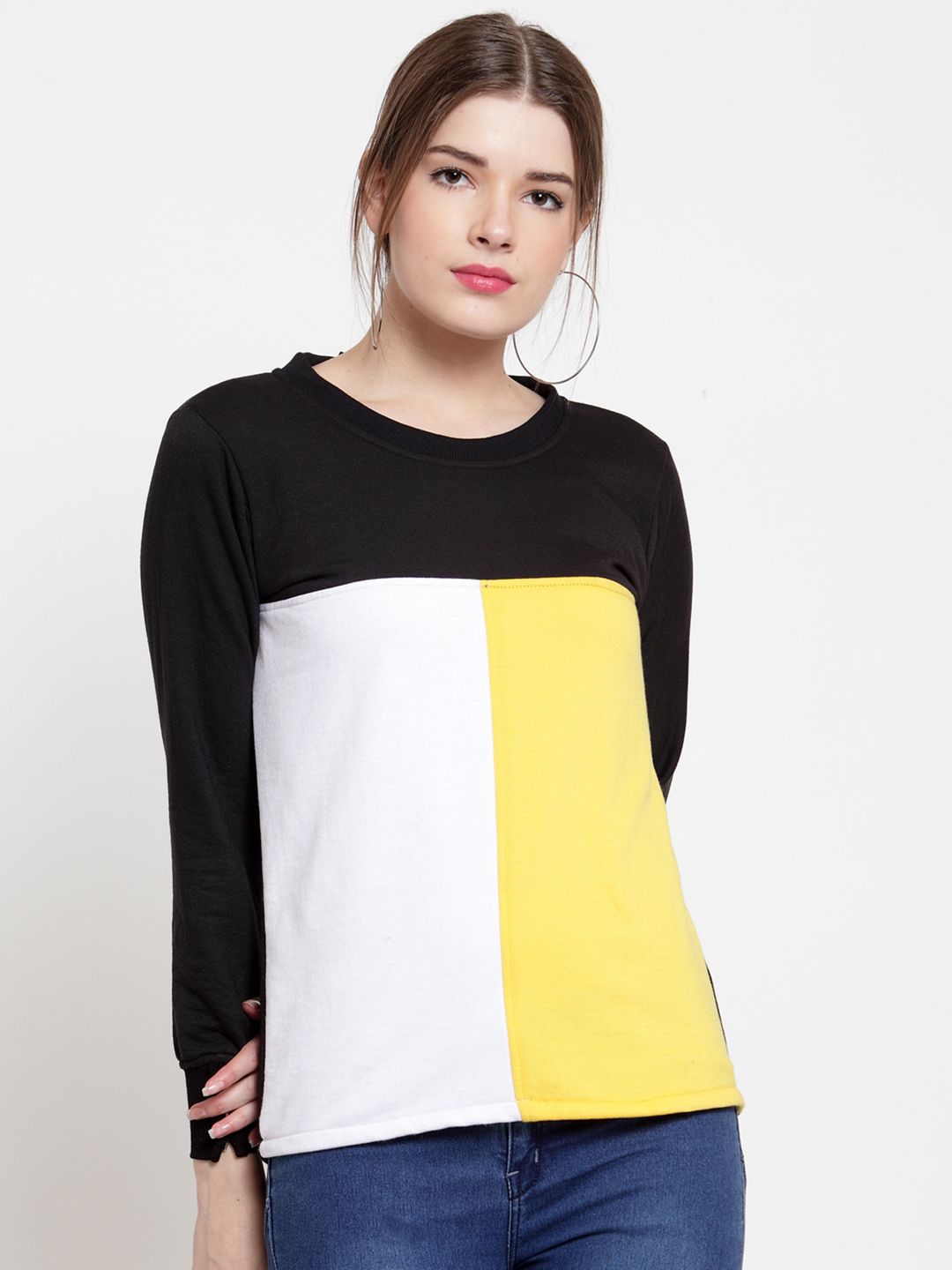 Belle Fille Women Black & Yellow Colourblocked Sweatshirt Price in India
