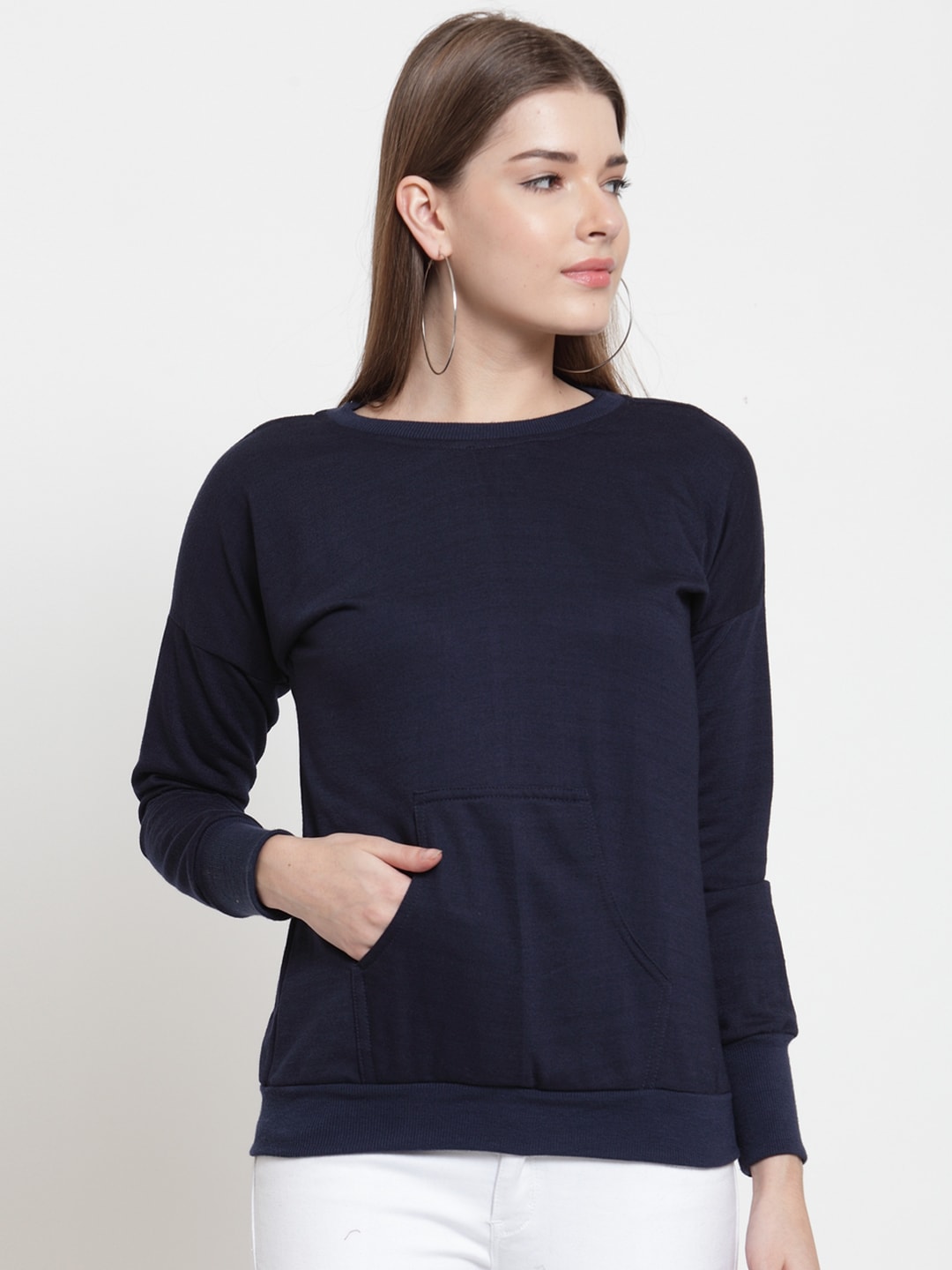 Belle Fille Women Navy Blue Solid Sweatshirt Price in India