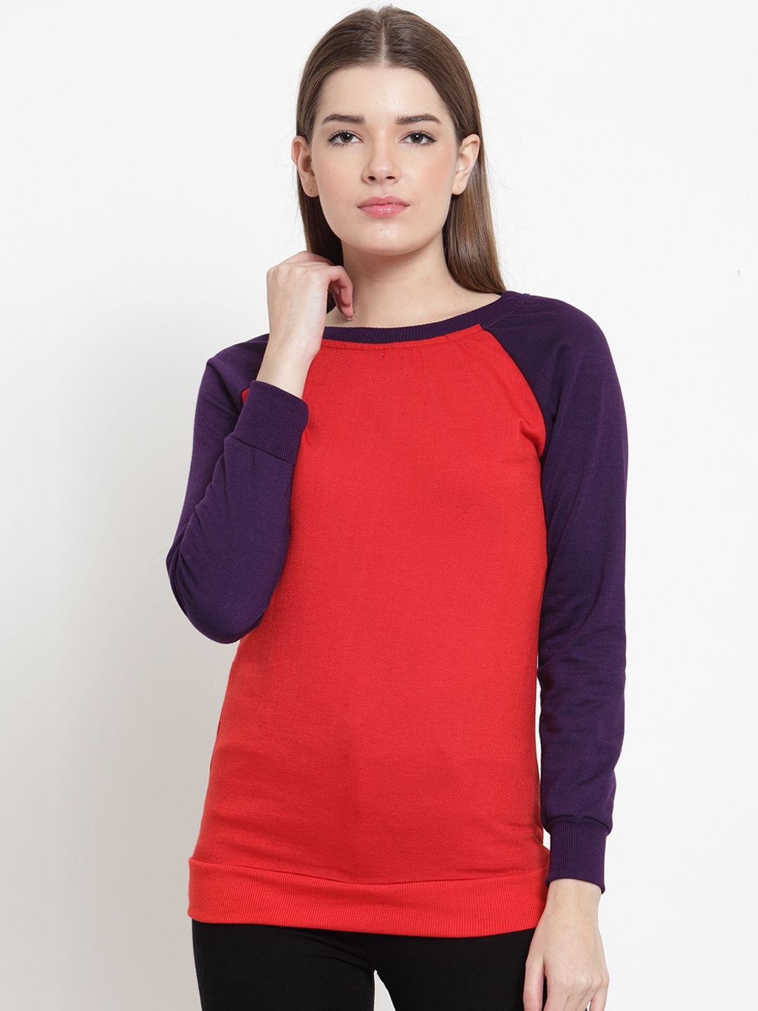 Belle Fille Women Red & Purple Colourblocked Sweatshirt Price in India