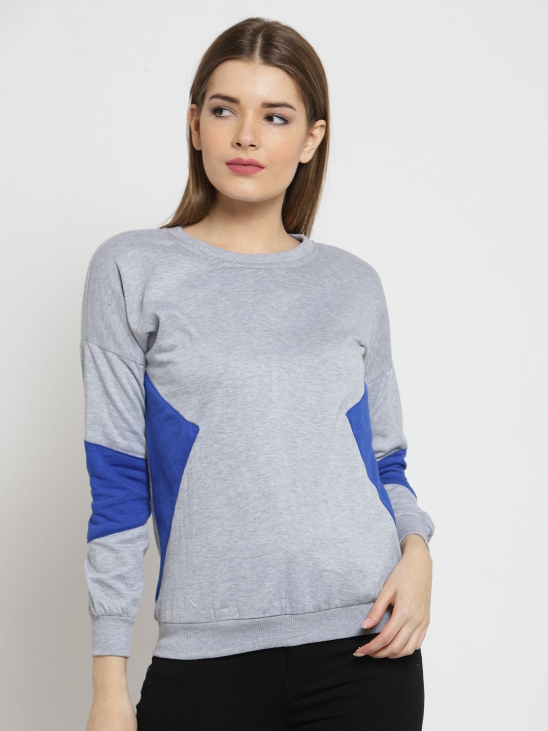 Belle Fille Women Grey Melange & Blue Colourblocked Sweatshirt Price in India
