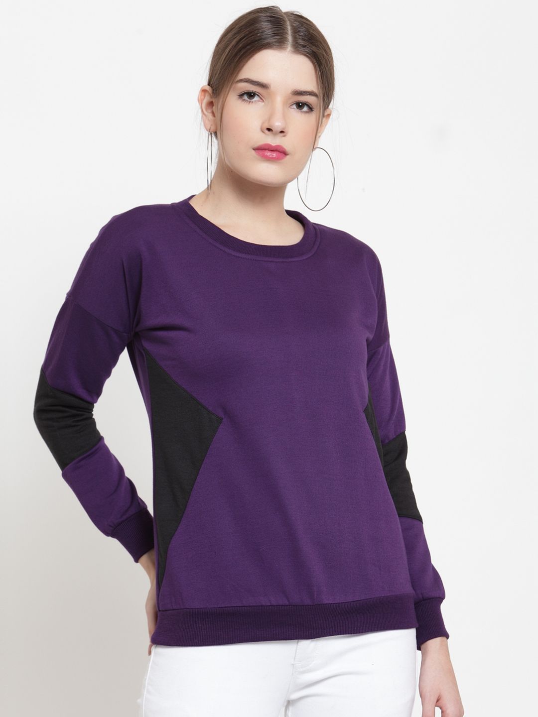 Belle Fille Women Purple & Black Colourblocked Sweatshirt Price in India
