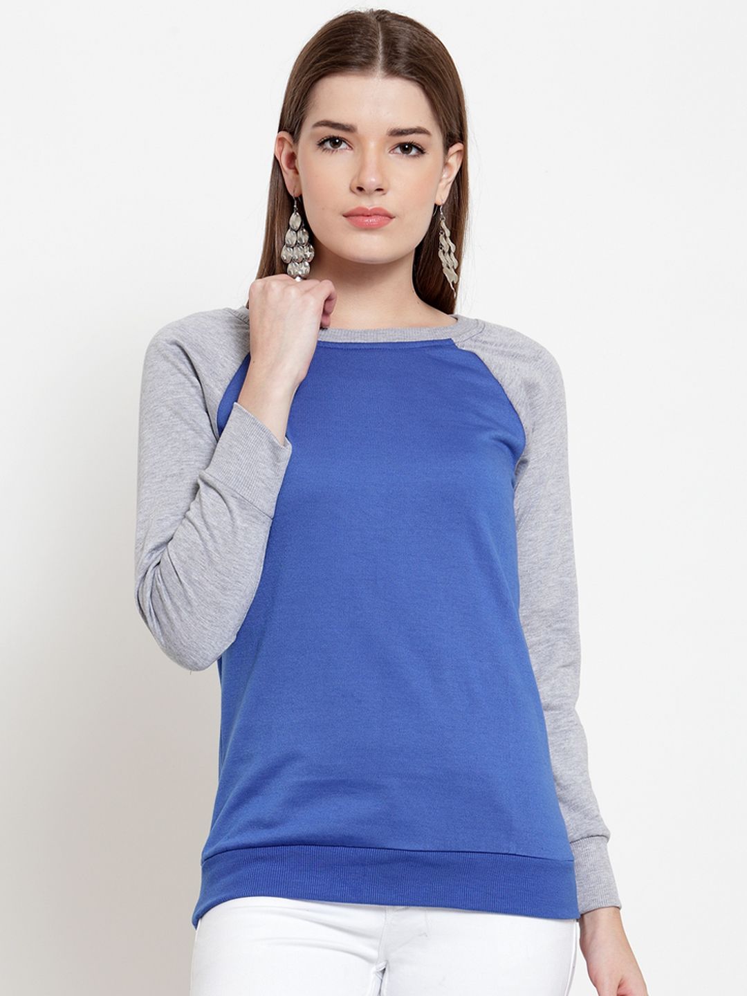 Belle Fille Women Blue & Grey Melange Colourblocked Sweatshirt Price in India