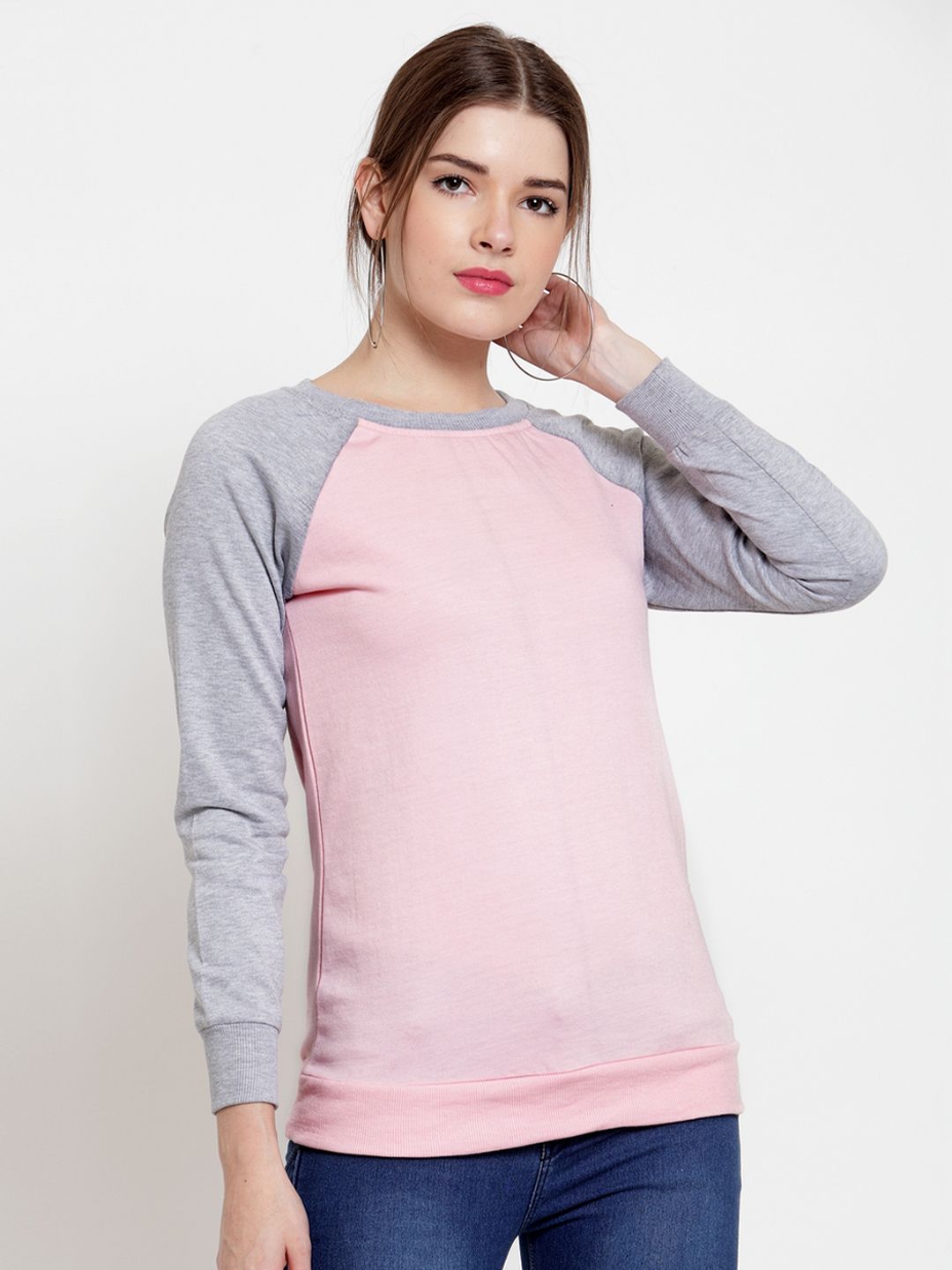 Belle Fille Women Pink & Grey Melange Colourblocked Sweatshirt Price in India