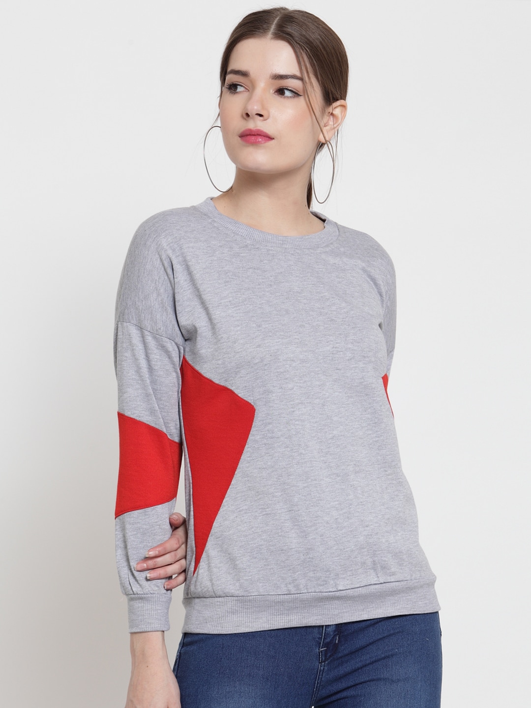 Belle Fille Women Grey Melange & Red Colourblocked Sweatshirt Price in India