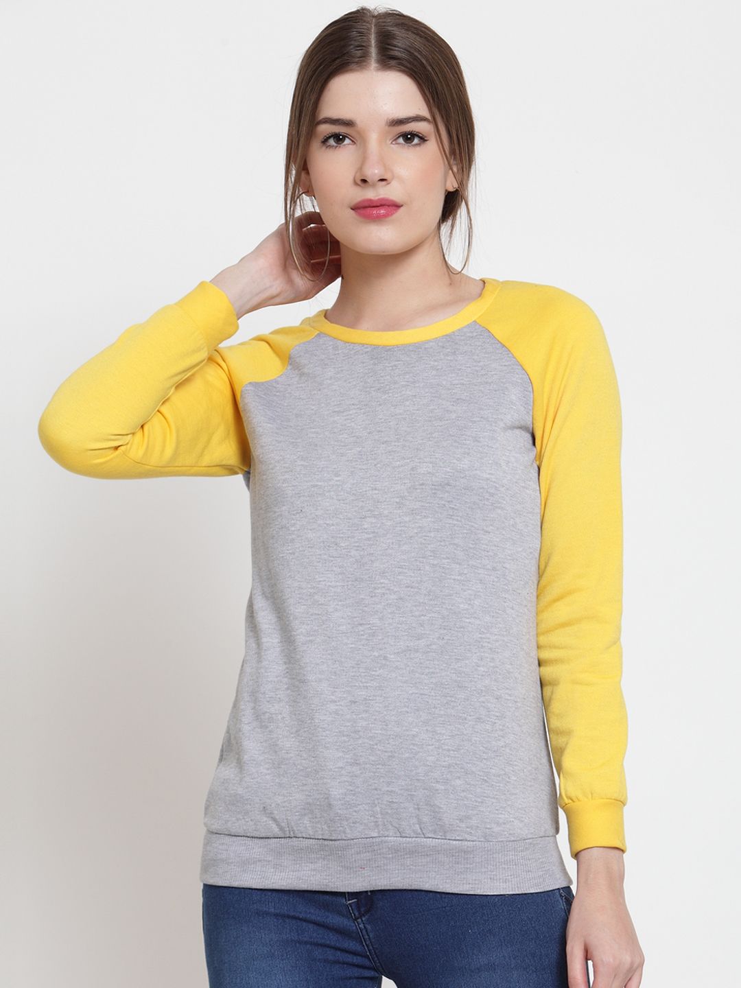 Belle Fille Women Grey Melange & Yellow Colourblocked Sweatshirt Price in India