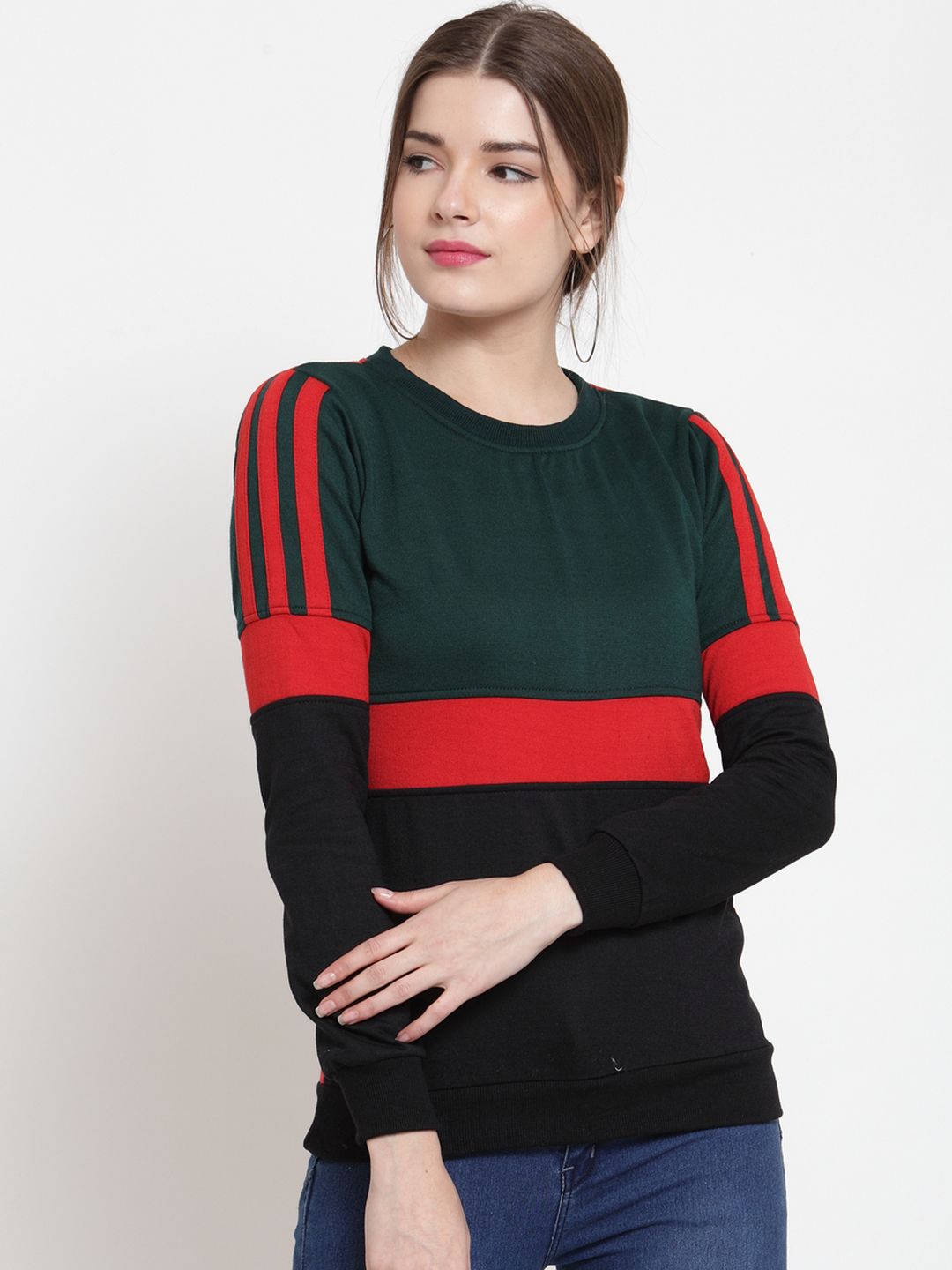 Belle Fille Women Green & Red Colourblocked Sweatshirt Price in India