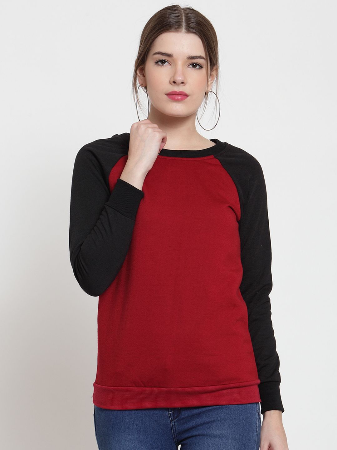 Belle Fille Women Maroon & Black Colourblocked Sweatshirt Price in India