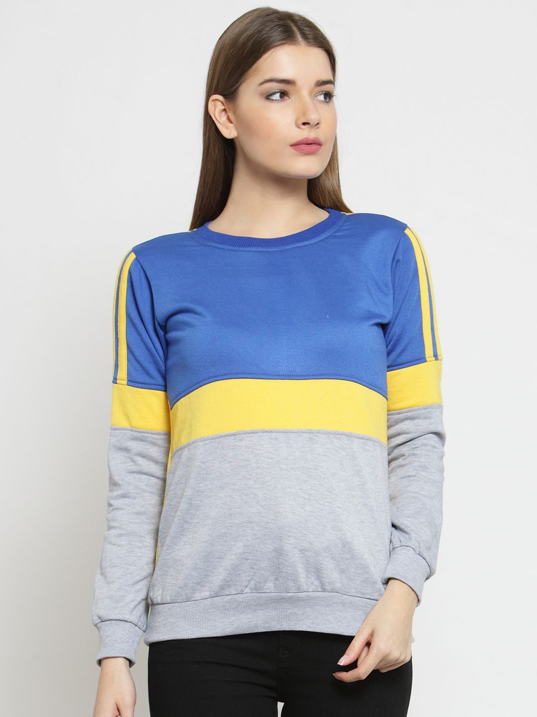 Belle Fille Women Blue & Yellow Colourblocked Sweatshirt Price in India