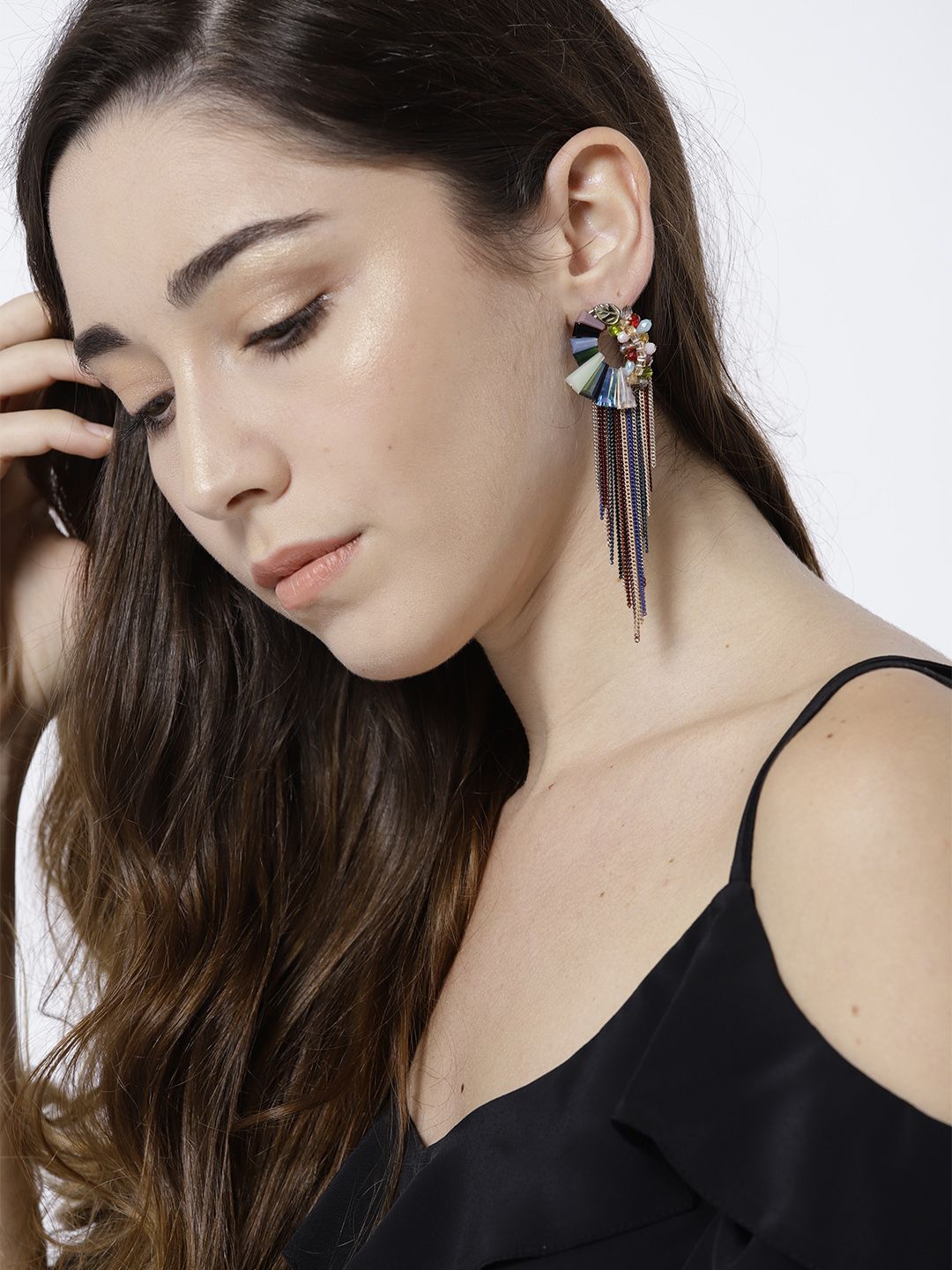Jewels Galaxy Multicoloured Gold-Plated Handcrafted Tasselled Contemporary Drop Earrings Price in India