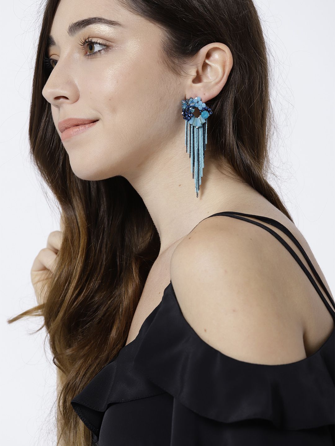 Jewels Galaxy Blue Silver-Plated Handcrafted Tasselled Contemporary Drop Earrings Price in India
