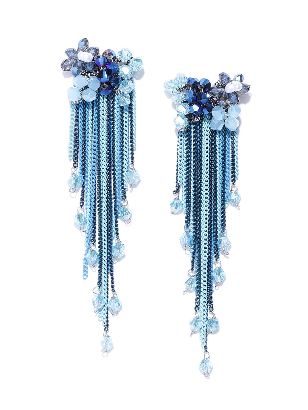 Jewels Galaxy Blue Silver-Plated Tasselled Contemporary Drop Earrings Price in India