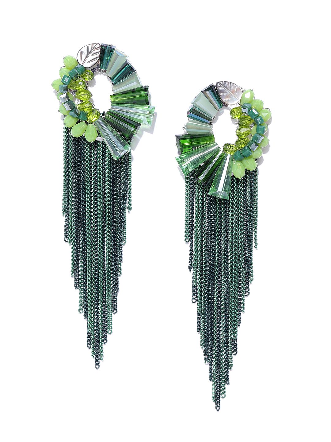 Jewels Galaxy Green Silver-Plated Beaded Tasselled Handcrafted Drop Earrings Price in India