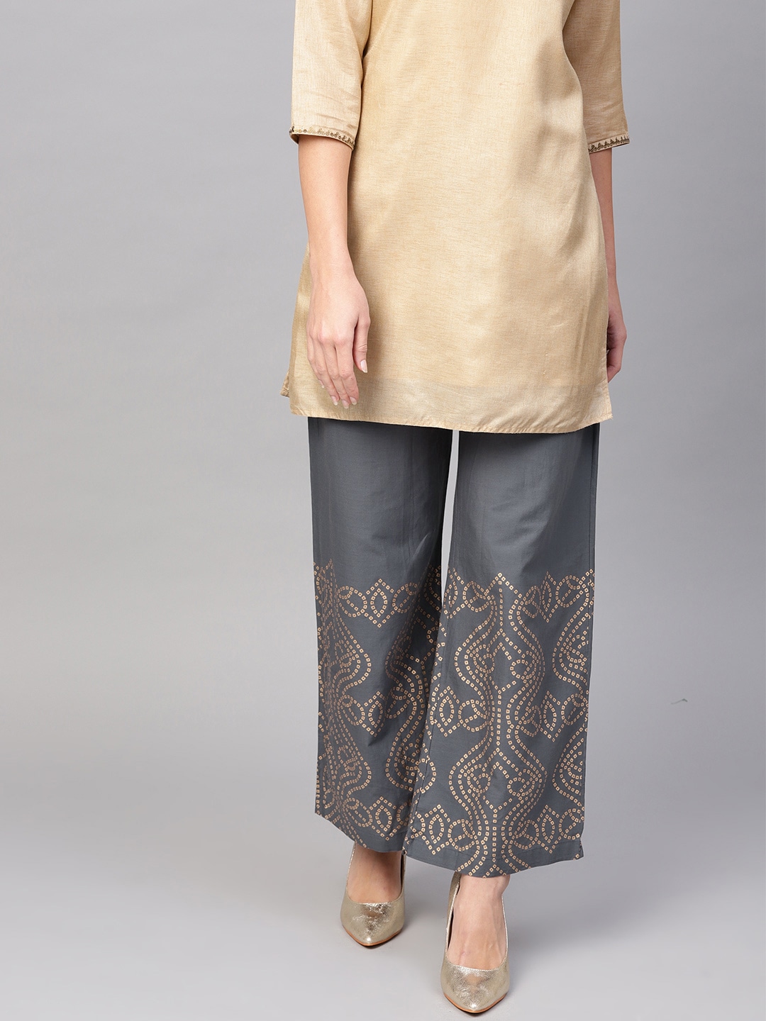 AKS Women Grey & Golden Straight Printed Palazzos Price in India