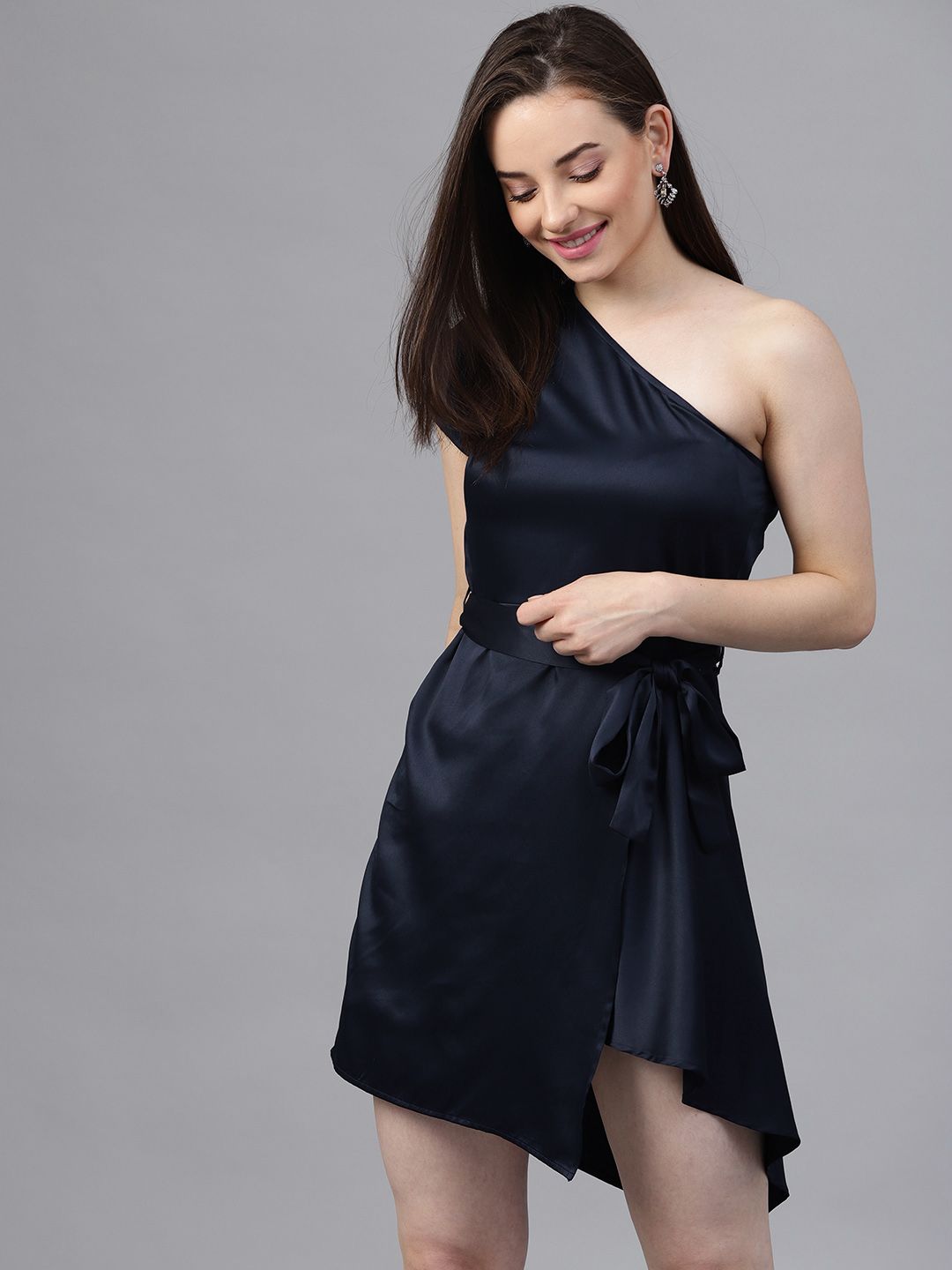 STREET 9 Navy Blue One Shoulder Fit & Flare Dress Price in India