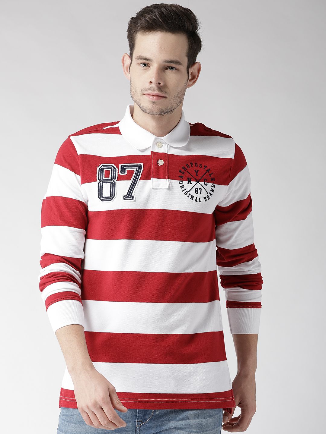 Buy Aeropostale Men Red & White Striped Polo Collar T-shirt
