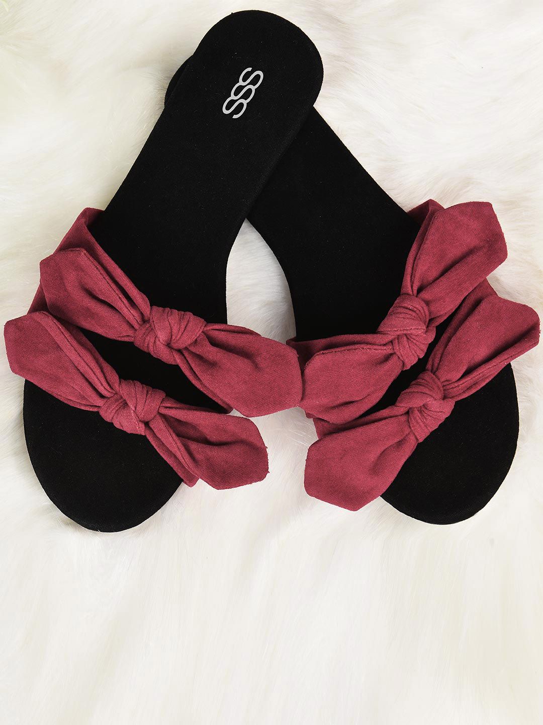 Street Style Store Women Maroon Solid Velvet Open Toe Flats with Bow Detail