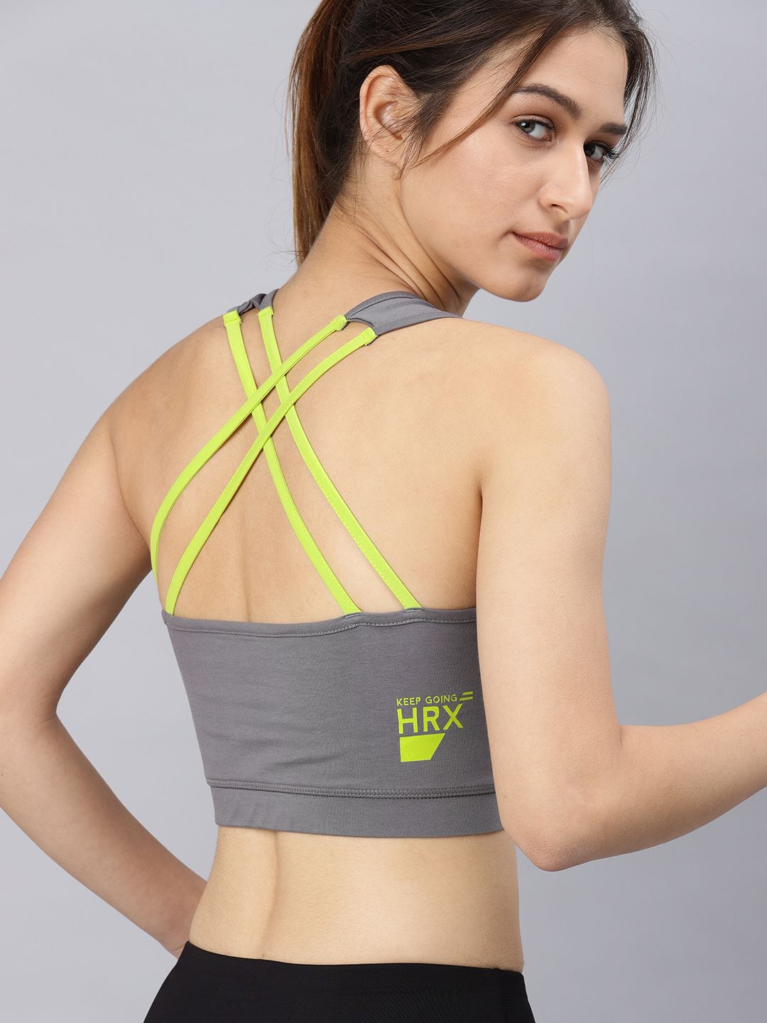HRX by Hrithik Roshan Grey Solid Non-Wired Lightly Padded Sports Bra Price in India
