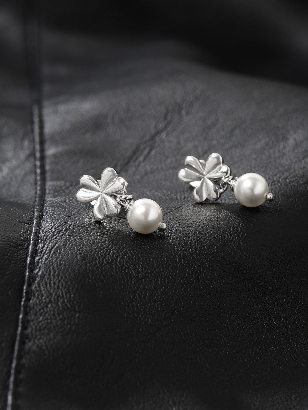 Carlton London Off-White Rhodium-Plated 925 Sterling Silver Floral Drop Earrings Price in India