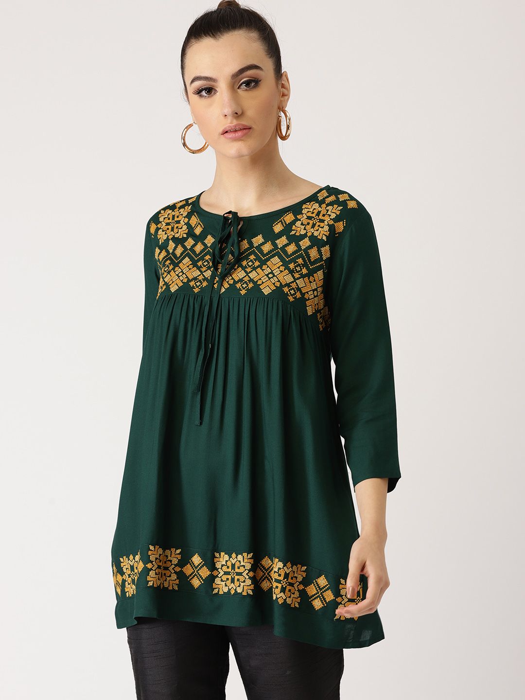 Libas Green & Yellow Embroidered Empire A-Line Kurti Price in India