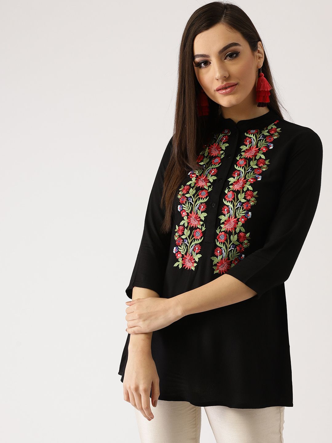 Libas Women Black Embroidered A-Line Kurti Price in India