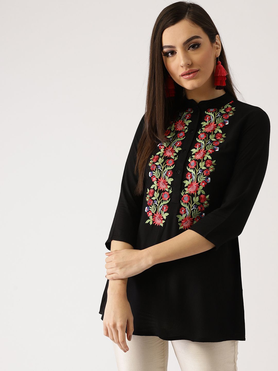 Libas Women Black Embroidered A-Line Kurti