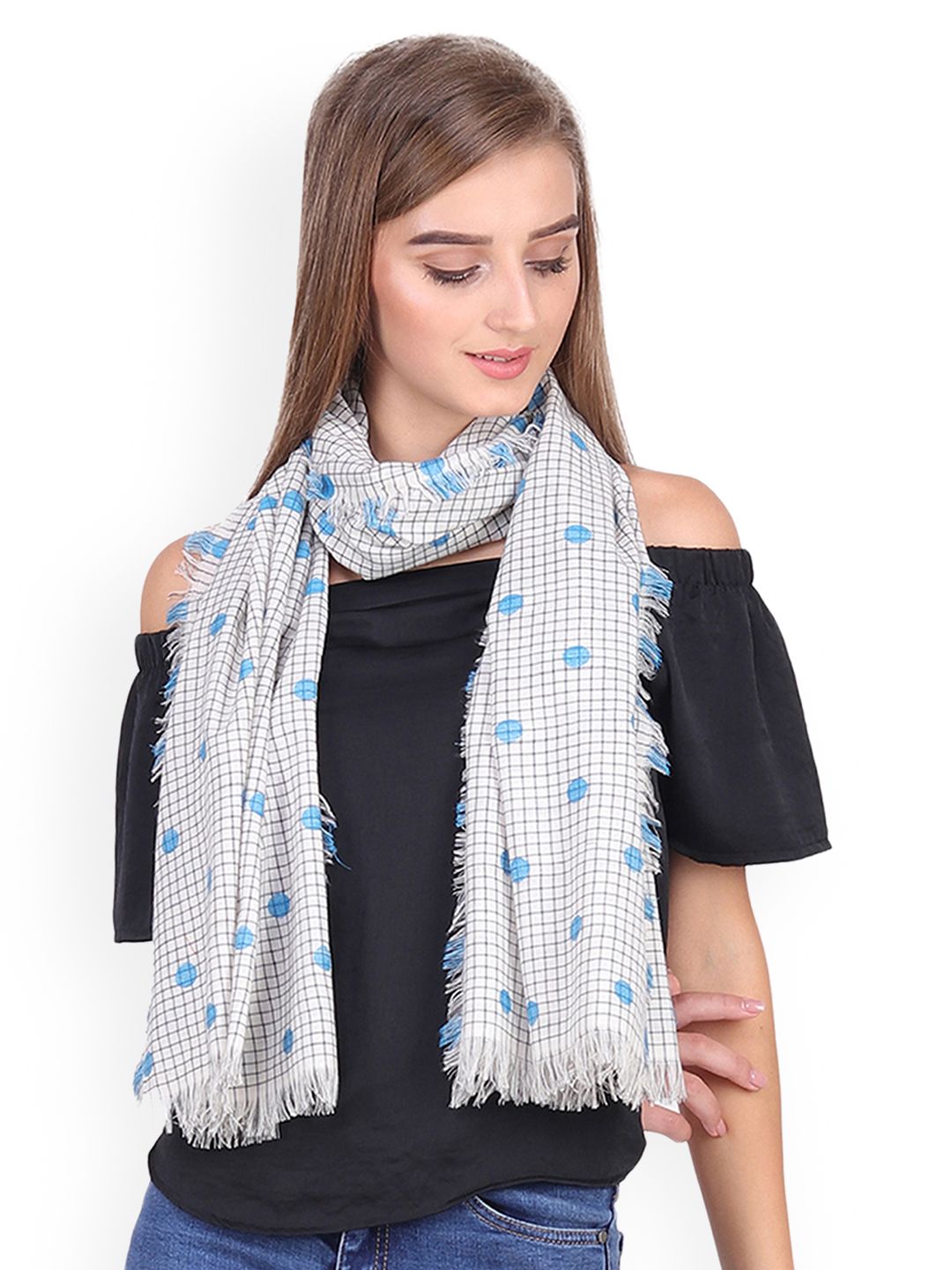 Anekaant Women White & Blue Woven Design Stole Price in India