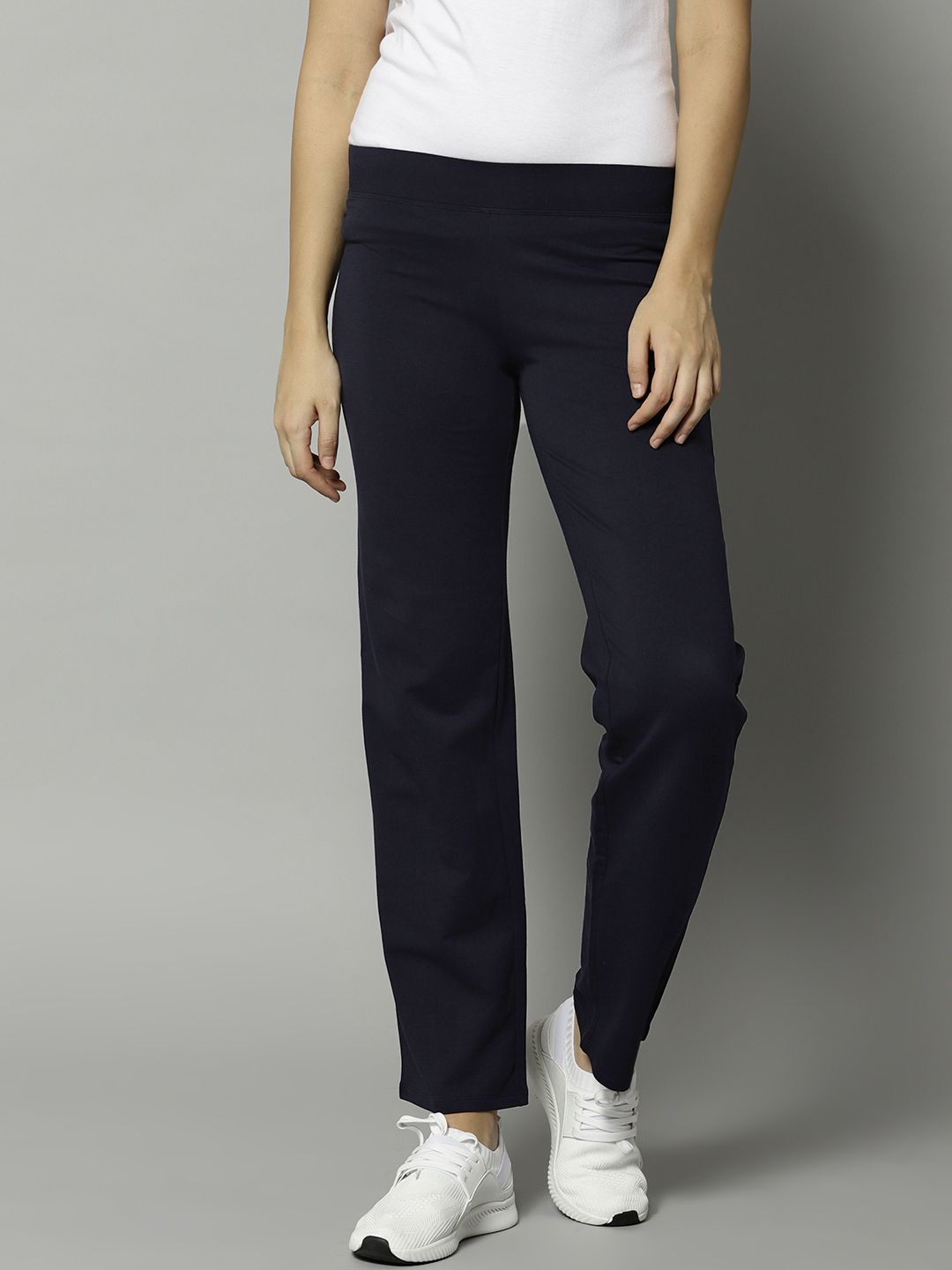 Marks & Spencer Women Navy Straight Fit Solid Track Pants Price in India